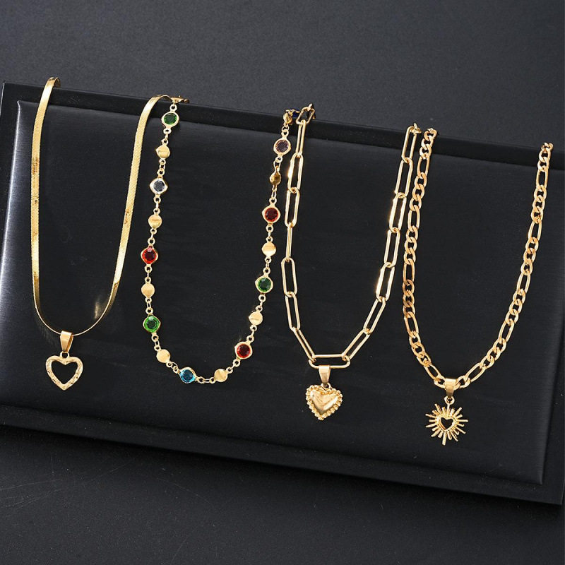 镶嵌彩钻爱心吊坠流苏项链四件套装百搭小众轻奢气质项饰叠戴锁骨