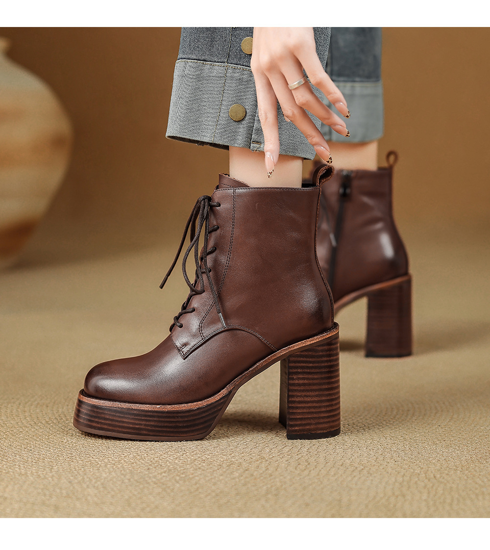 Boot Martin nữ đế dày gót thô buộc dây tăng chiều cao mũi tròn da bò thật — Lớp lót đơn màu nâu, Lớp lót nhung màu nâu, Màu đen một lớp, nhung đen