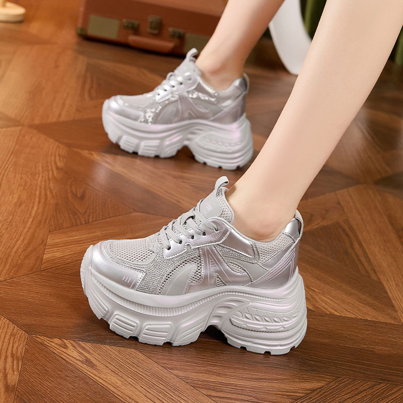 Giày sneaker nữ đế dày chunky tăng chiều cao lưới thoáng khí mùa hè — Trắng, Bạc