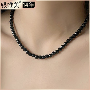 925 Silver Obsidian Black Onyx Beaded Necklace Light Luxury Niche Design Hip Hop Clavicle Chain Simple Handmade Jewelry