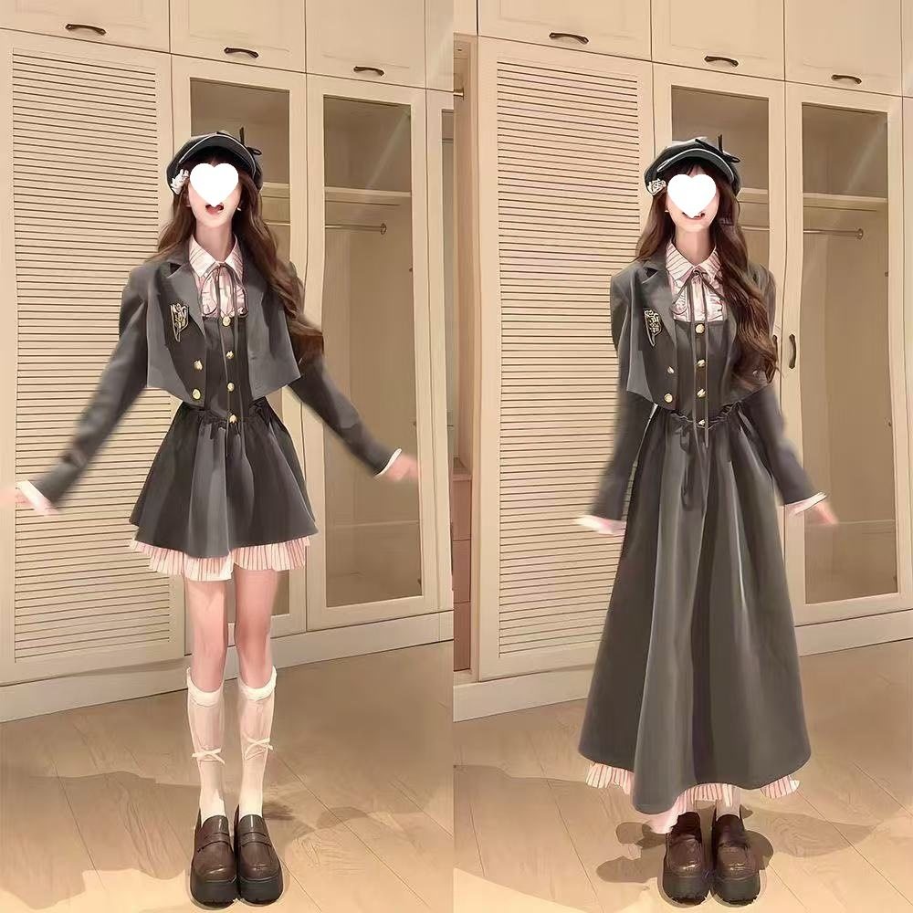 (High Quality) Watts College Jk Uniform Sweet Preppy Style Jacket Waist Dress Autum Two-Piece Set