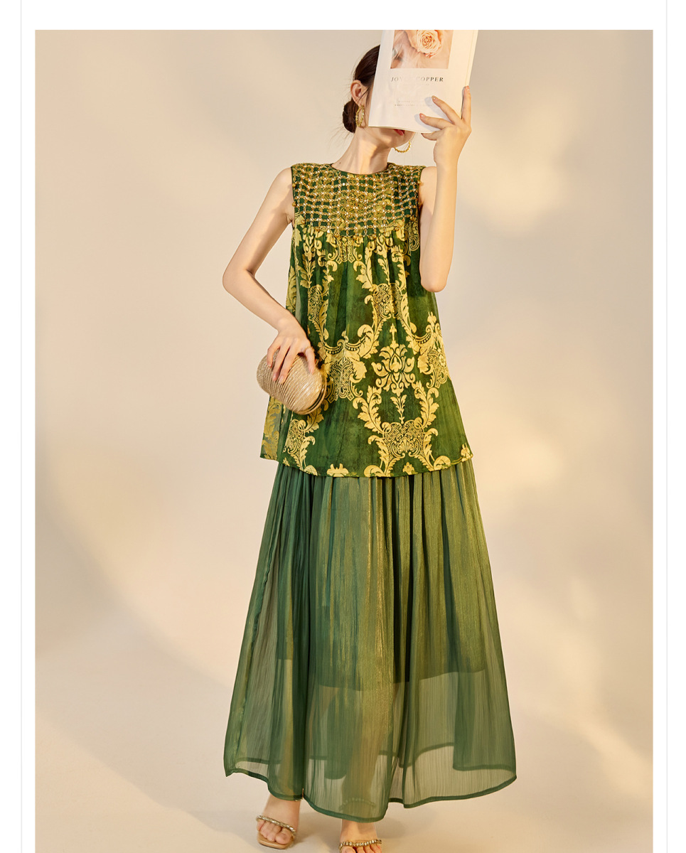 Đầm maxi nữ dài không tay cổ tròn đính cườm thêu hoa dáng tiên nữ — màu vàng kim, Xanh lá cây
