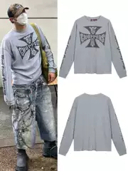 Cross-border Trendy Brand High Street American Style Retro vintage Sanskrit Waffe Long-sleeved Couple Men's and Women's Loose T-shirt