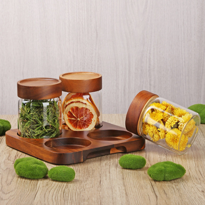 Acacia Wood Borosilicate Glass Threaded Sealed Jar Kitchen Daily Storage Jar Miscellaneous Grains Dried Fruit Tea Storage Jar