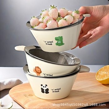 Double Layer Vegetable Washing Basin Draining Basket 304 Stainless Steel Fruit Plate New Style Household Fruit Washing Artifact Water Filter Cooking Bowl