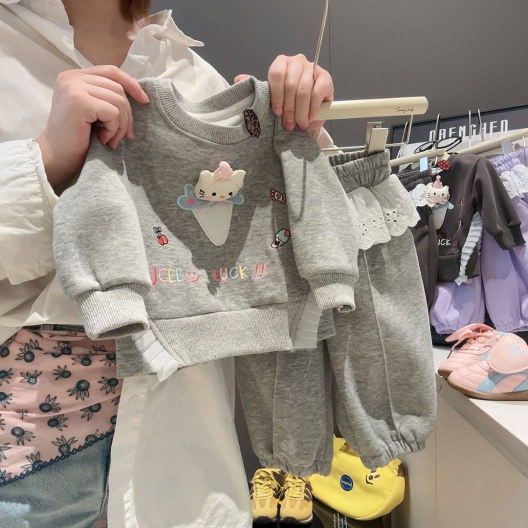 Girls' Two-Piece Casual Set, Baby Girl Korean Style Pullover with Lace & Cat Doll, Separated Fake Skirt Hem Outfit