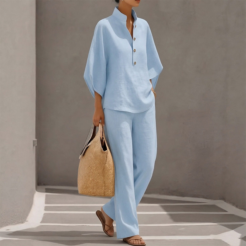 Womens Spring Casual Set Loose Fit Solid Color Top and Long Pants Perfect for Everyday Wear Wholesale Available