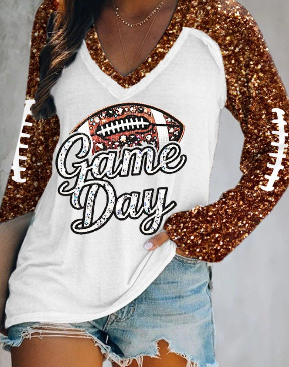 外贸跨境夏季女装简约休闲v领长袖T恤印花T恤女 独立站厂家货源