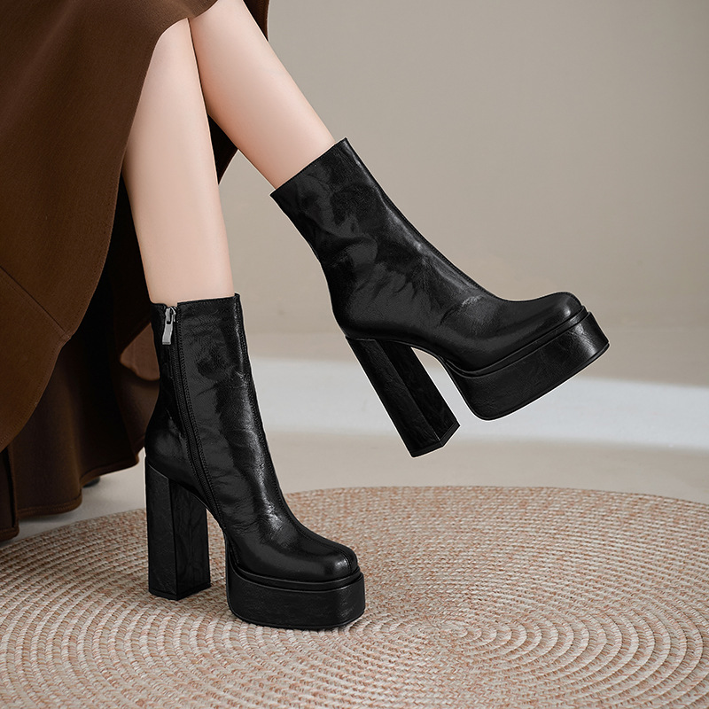 Boot nữ cổ ngắn gót thô siêu cao 13.5cm da cừu mũi tròn có khóa kéo bên hông — Lớp lót đơn màu đen, Lót đơn màu trắng kem, Lót nhung đen, Lót nhung màu be
