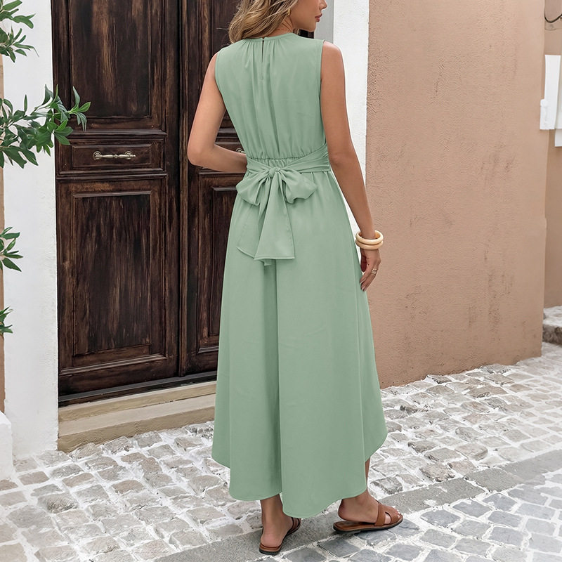 Sleeveless A Line Dress Solid Color Waist Defined Tail Hem Ideal for Vacation or Casual Events Wholesale Available