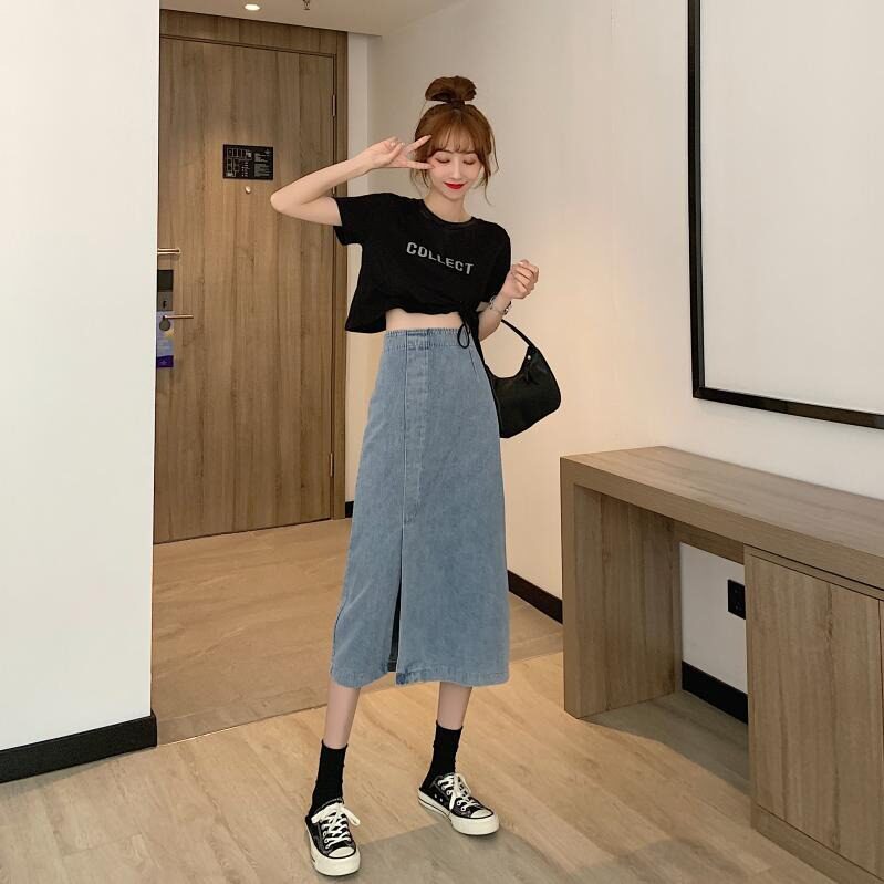 Vintage High Waisted A Line Denim Midi Skirt Slim Fit Side Slit Versatile Style Spring Summer Fashion Wholesale