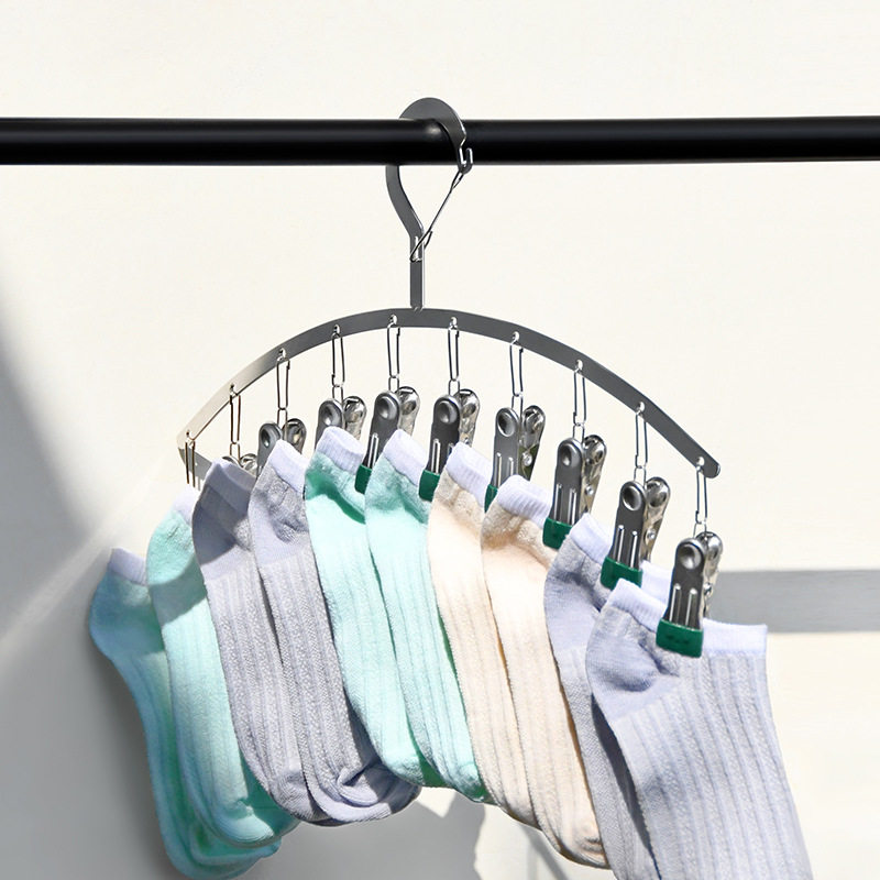 Household Sock Rack, Stainless Steel Curved Clothes Hanger, Plastic-Coated Clip Drying Rack, Multi-Clip Multifunctional Sock Drying Clip