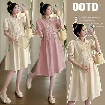 Maternity Dress Short-Sleeved Thin Polo Collar Mid-Length Chinese Style Embroidered 2026 New Summer Shirt Dress