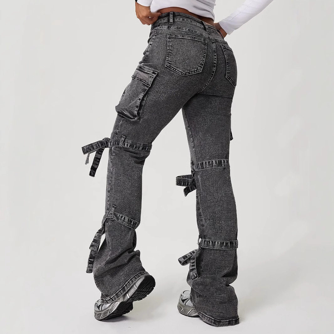Womens Straight Leg Denim Cargo Pants Mid Rise Large Pockets Casual Style Wholesale Available