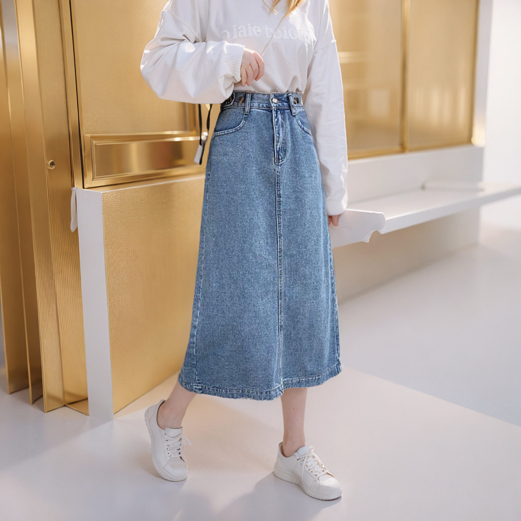 High Waisted A Line Denim Skirt Plus Size Mid Length Split Design Casual Wear for Students Wholesale Available