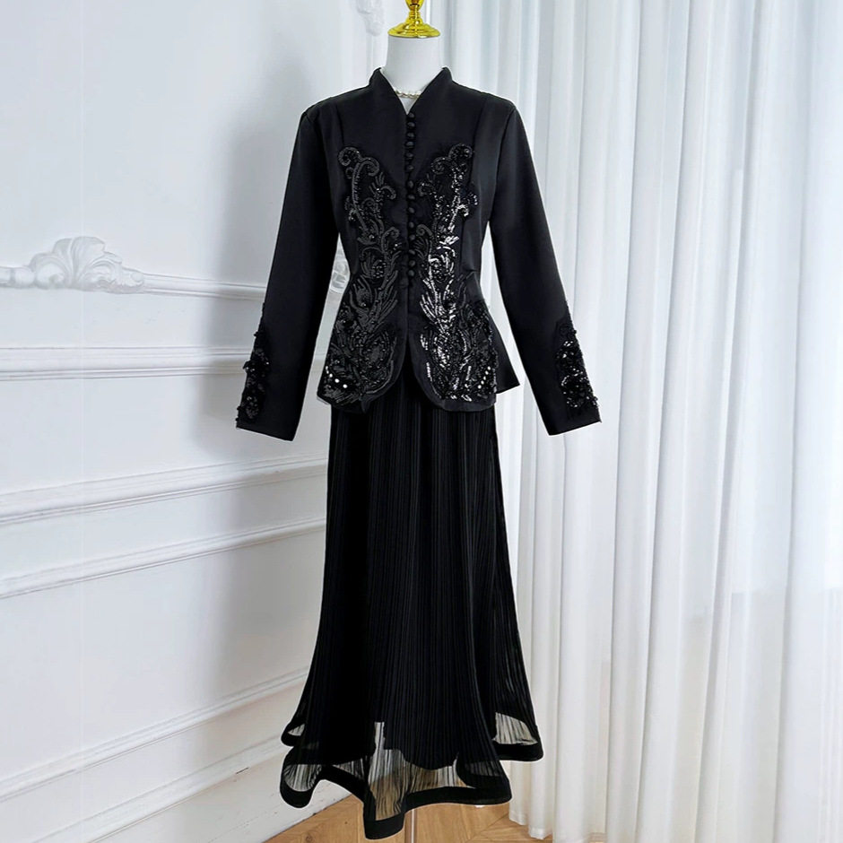 French Style V Neck Embroidered Jacket with High Waisted Pleated Skirt Elegant Lightweight Two Piece Set for Spring and