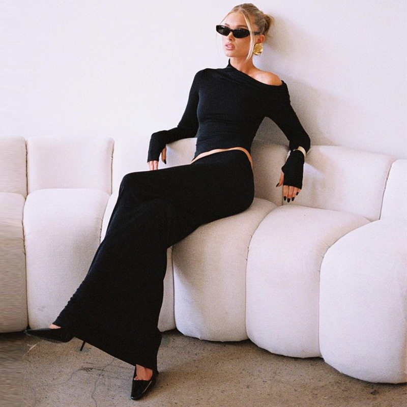 Irregular Design Long Sleeve Top and Midi Skirt Set Elegant Solid Color Slim Fit Versatile for Casual or Formal