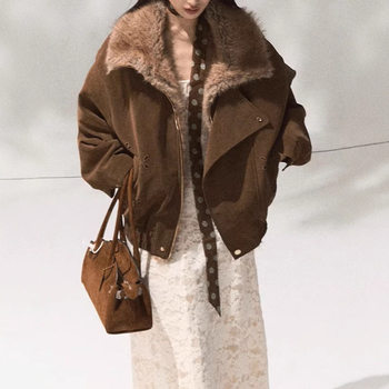 Oakmoo/ oak and hazelnut winter warm jacket women's fur collar thick short jacket lapel top
