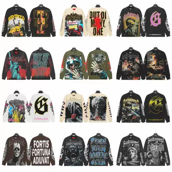 Cross-Border Wholesale American Fashion God Street Retro Skull Print Washed and Distressed Long-Sleeved T-Shirts for Men and Women Hooded Sweatshirts