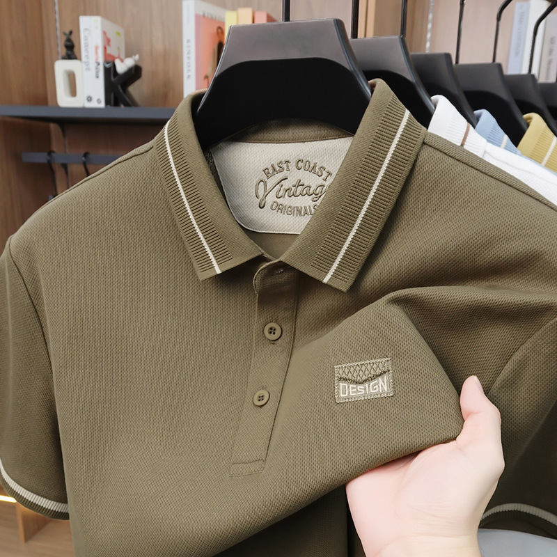 Áo polo nam tay ngắn cotton lưới co giãn thoáng khí chống nhăn — Màu đỏ táo tàu, màu đen, Mễ Hạnh, Xanh tím than