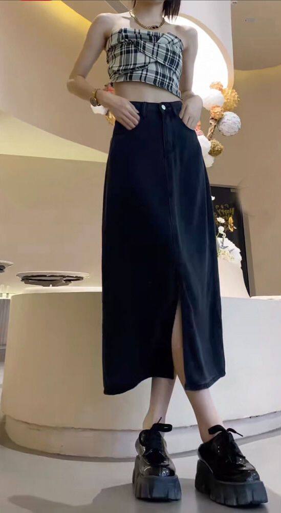Plus Size Black Denim Midi Skirt High Waist A Line Split Design Spring Summer Fashion Wholesale Available