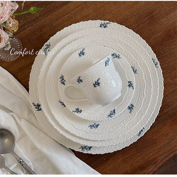 French Vintage Embossed Lace Ceramic Tableware French Floral Ceramic Plate Coffee Cup Saucer Dessert Plate Dinner Plate