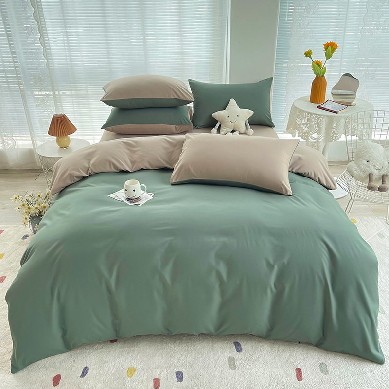 Autumn and Winter New Simple Unprinted Style Washed Cotton Plaid Four-Piece Quilt Cover Bed Sheets Bedding Three-Piece Set