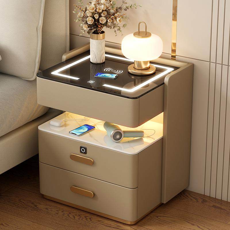 Smart Bedside Table 2024 New Style Simple Modern Solid Wood Installation-Free Bedroom Home Multi-Functional Slate Bedside Table