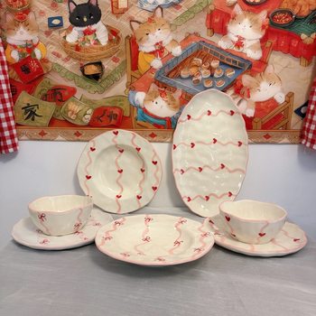 Korean Ins Style Hand-Painted Heart Bow Ceramic Plate Hand-Kneaded Bowl High-Value Coffee Cup and Saucer Oval
