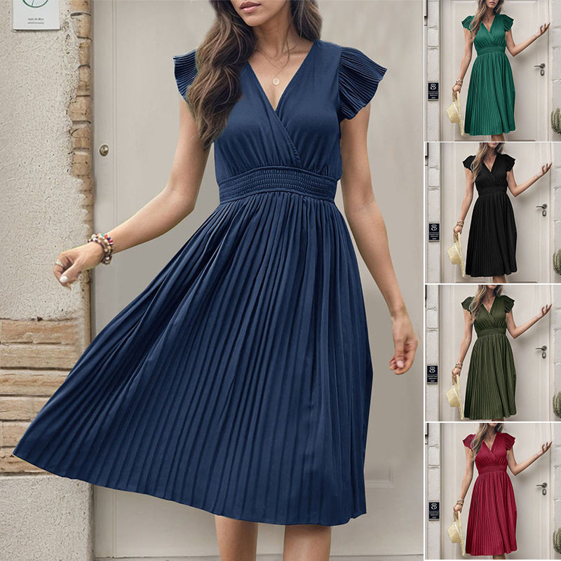 Summer Pleated Dress Elegant Short Sleeve Solid Color Minimalist Style Perfect for Casual Outings Wholesale