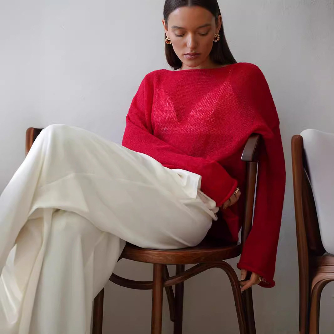 Hollow Knit Sweater Lightweight Sheer Round Neck Long Sleeve Autumn Fashion for Women Wholesale Available