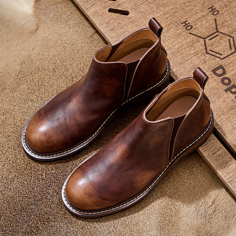Men’s Genuine Leather American Retro Mid Top Chelsea Boots