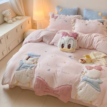 Class A cartoon winter thickened warm milk velvet four-piece set student children coral velvet three-piece bedding