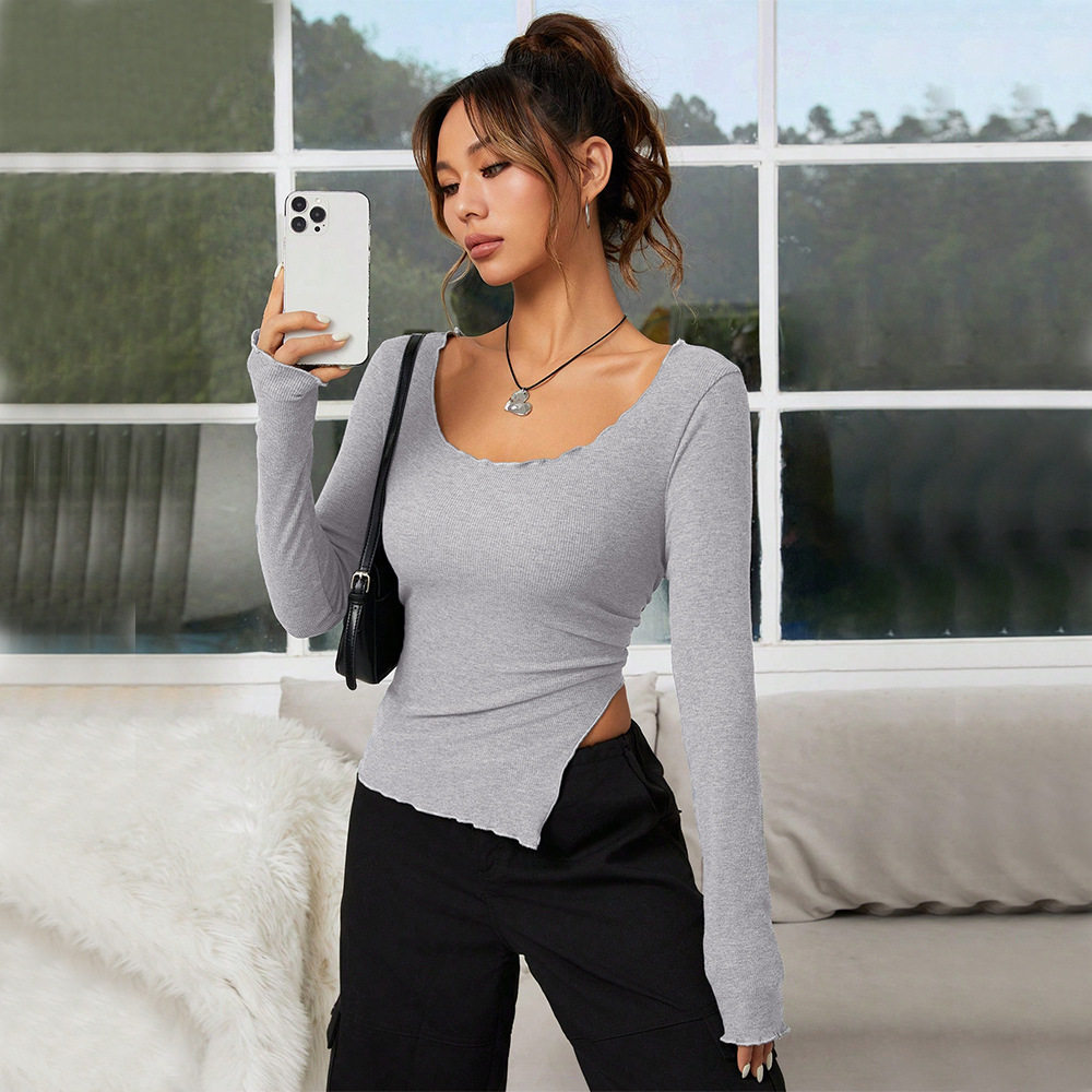 Slim Fit Long Sleeve U Neck T Shirt Asymmetrical Design Cut Out Detail Short Length Casual Wear for Women OEM