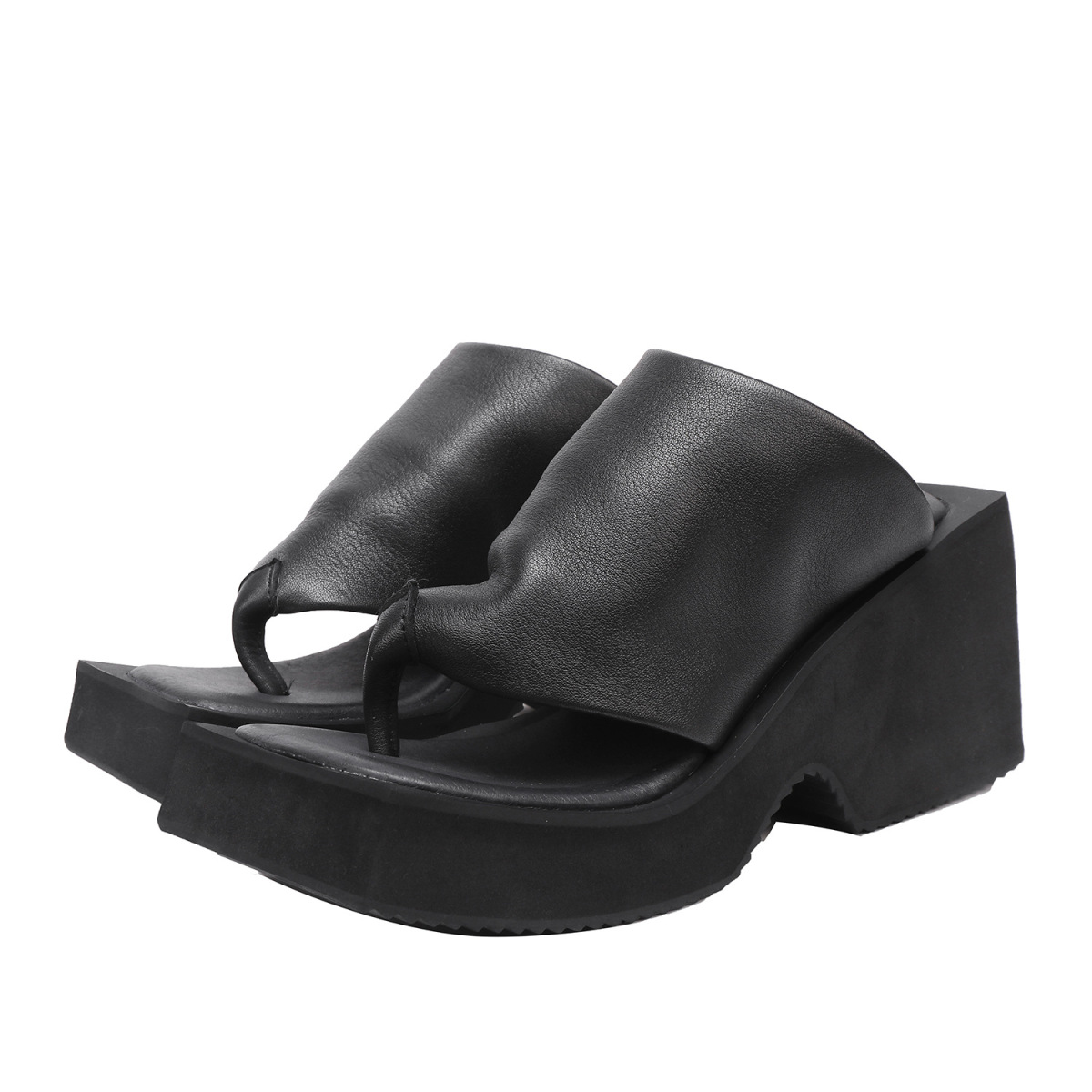 Dép xỏ ngón nữ da bò thật đế cao gót 8cm phong cách cổ điển — Màu đen
