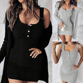 Amazon European and American Cross-Border Foreign Trade Dress and Jacket Two-Piece Set Sexy Slim Solid Color Pit Strip Vest Dress for Women