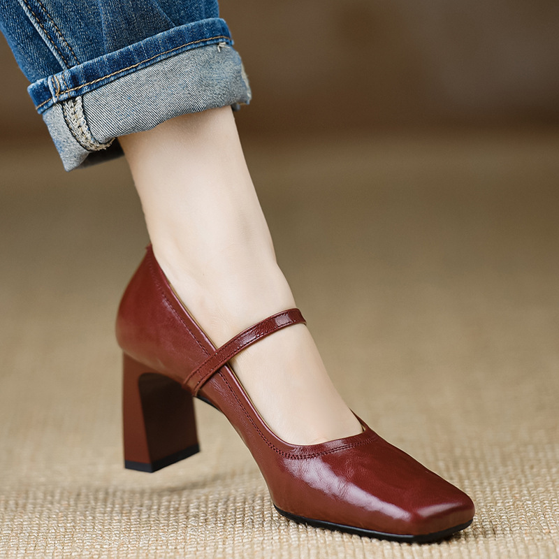 Giày Mary Jane nữ mũi vuông quai ngang phong cách cổ điển — Màu đen 5cm, Màu đen 7cm, Màu đỏ 5cm, Màu đỏ 7cm