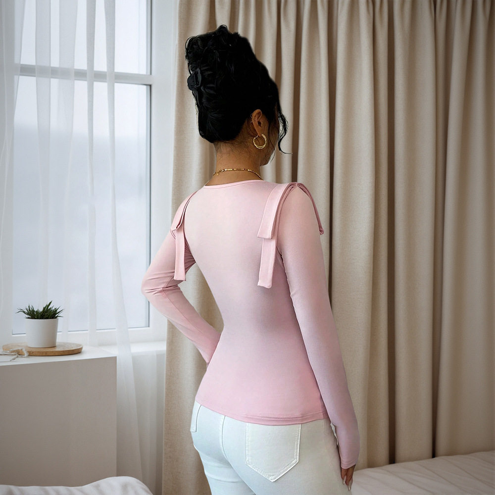 Womens Slim Fit Long Sleeve T Shirt Stylish Solid Color Ruffled Neckline Versatile for Spring and Autumn Wholesale