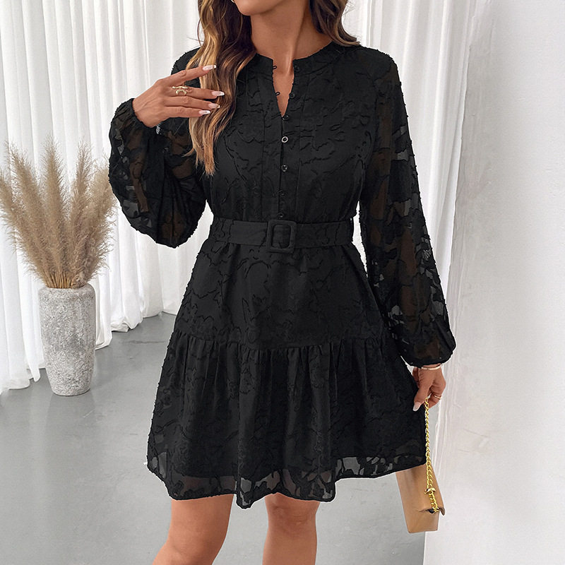Elegant Black Jacquard Dress Round Neck Long Sleeve Spring Fall Style Perfect for Casual or Formal Occasions