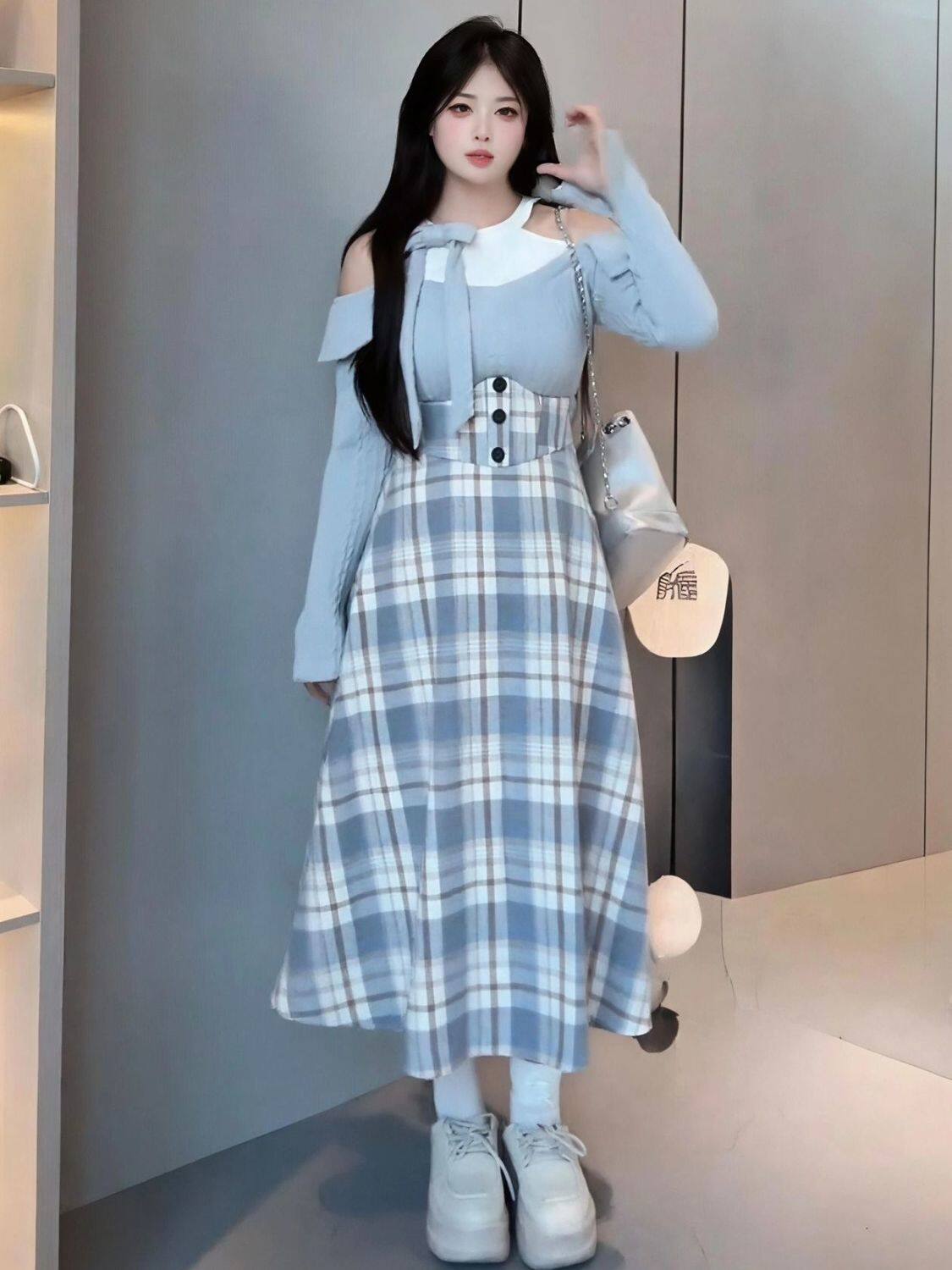 Plus Size Fat mm Autumn and Winter New Knitted Off-Shoulder Top with Plaid Waist Fishbone Cover-Up Slimming Look Short Skirt Two-Piece Set
