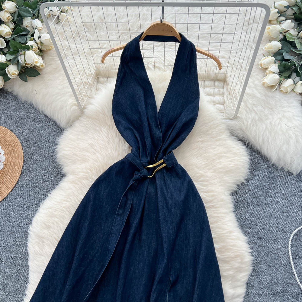 Summer Deep V Neck Backless Denim Maxi Dress for Women Sexy Split Design Chic Style Elegant Look Wholesale Available