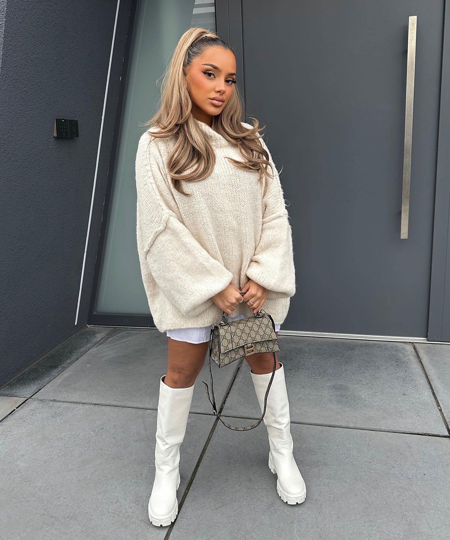 跨境亚马逊秋冬新款宽松半高领通勤风假反穿针织套头衫纯色毛衣女