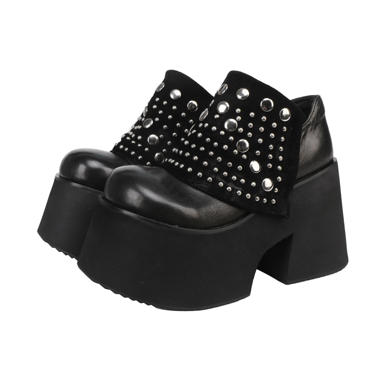 Boot nữ cổ thấp da bò thật đế dày tôn chiều cao, gót vuông khóa kéo bên — đen, màu nâu