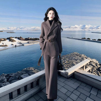 Retro Complete Set of Casual Suits for Women 2025 Autumn and Winter New Women's Lapel Small Suit Wide-Leg Pants Two-Piece Set