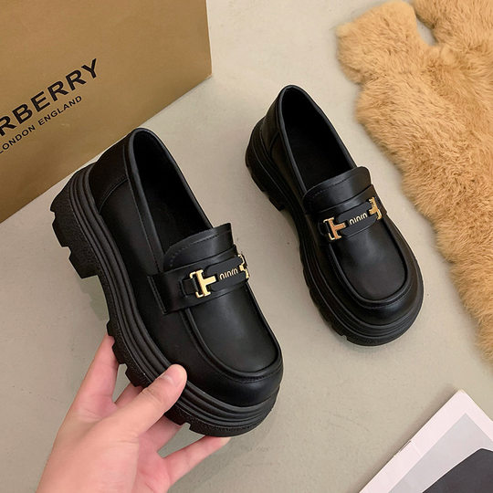 Thick-soled loafers women's shoes 2024 new explosions spring women's shoes muffin Joker small leather shoes black single-layer shoes