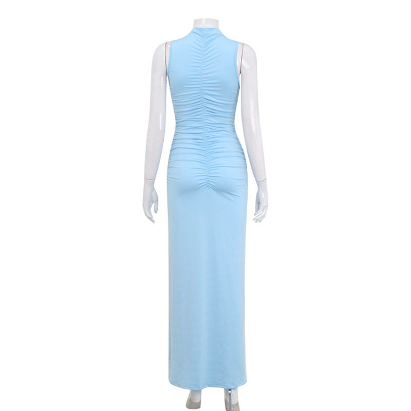 Sleeveless High Neck Bodycon Dress Elegant Solid Color Pleated Design Slim Fit Perfect for Parties and Events