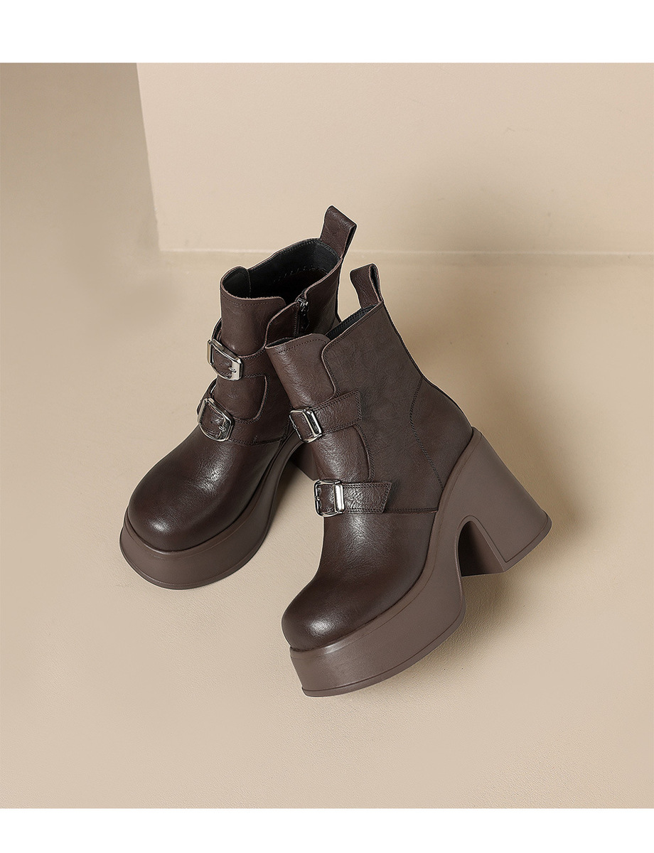 Boot nữ cổ thấp da bò thật khóa kéo bên hông, đế dày tăng chiều cao — Lớp lót đơn màu đen, Lớp lót đơn màu nâu, nhung đen, Nhung nâu