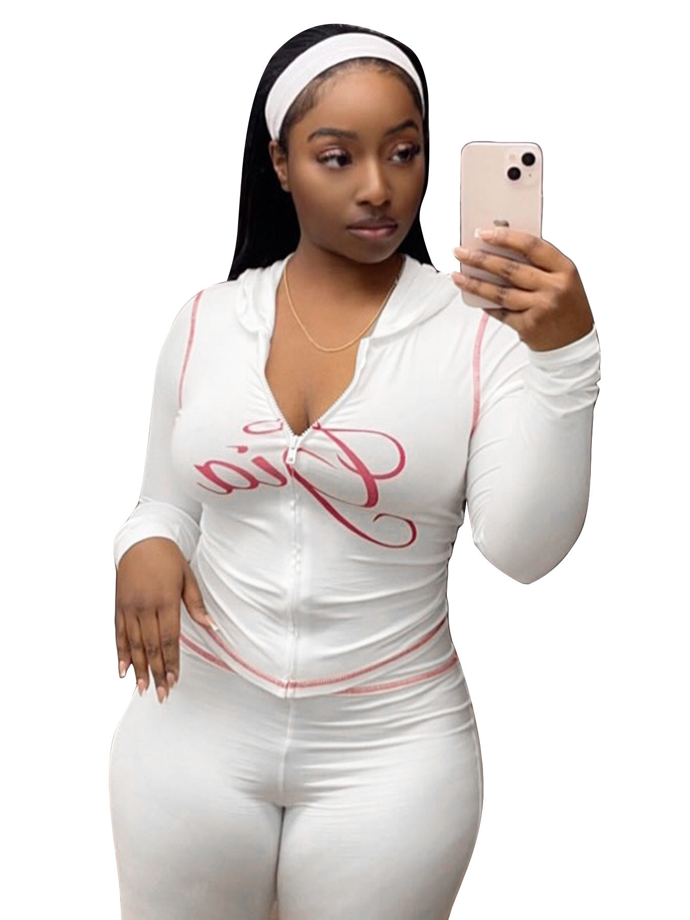 HR25071 欧美时尚女装跨境货源印花连帽长袖拇指扣微喇叭两件套装