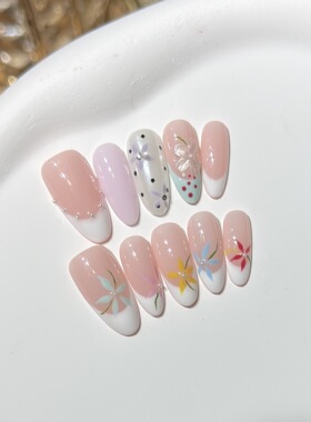 【春入花间】温柔裸粉海莉法式美甲手绘雕花手工穿戴甲片