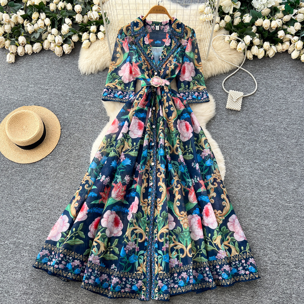 Vintage French Style Short Sleeve Printed Dress for Women V Neck Waist Defined A Line Flowy Skirt Summer Vacation